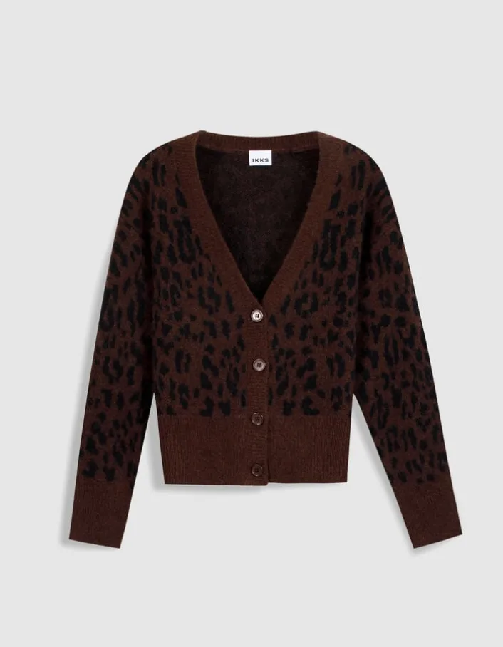 Cardigan marron tricot motif léopard Femme