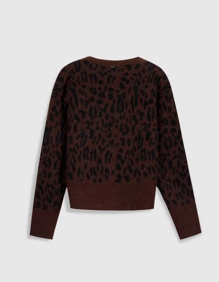 Cardigan marron tricot motif léopard Femme