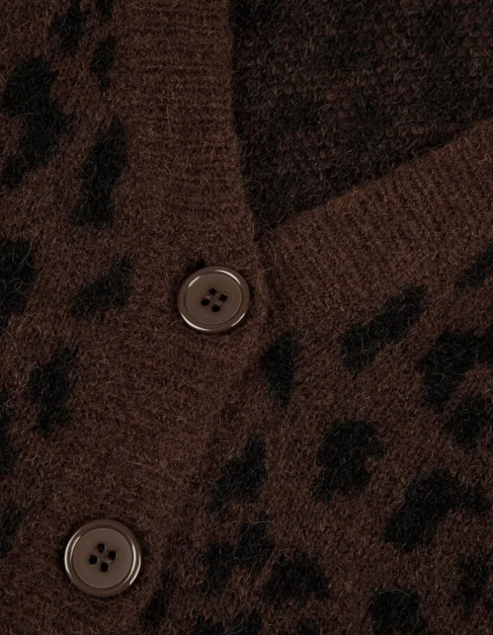 Cardigan marron tricot motif léopard Femme