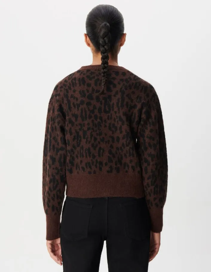 Cardigan marron tricot motif léopard Femme