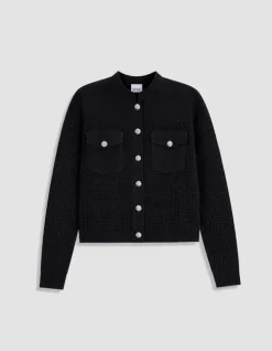 Cardigan noir tricot relief à poches plaquées Femme
