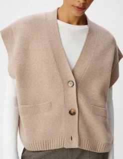 Cardigan sans manches beige tricot 100% laine Femme