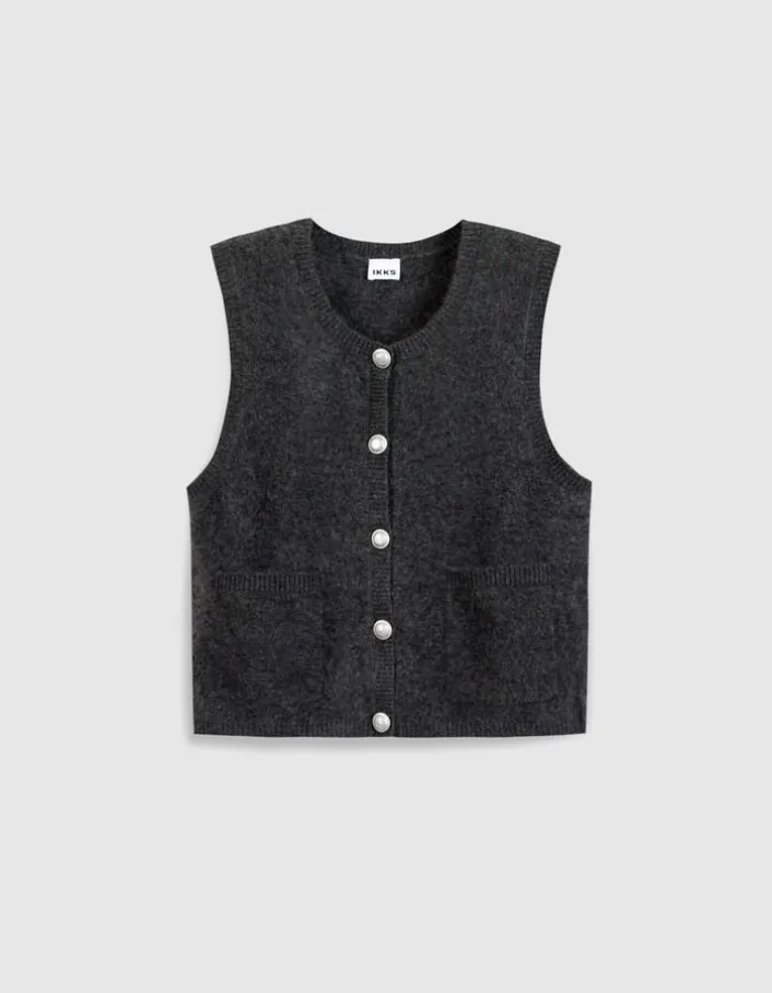 Cardigan sans manches gris anthracite 100% laine boutonné Femme