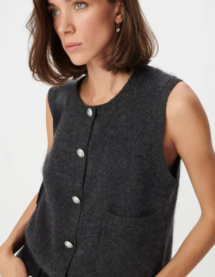 Cardigan sans manches gris anthracite 100% laine boutonné Femme
