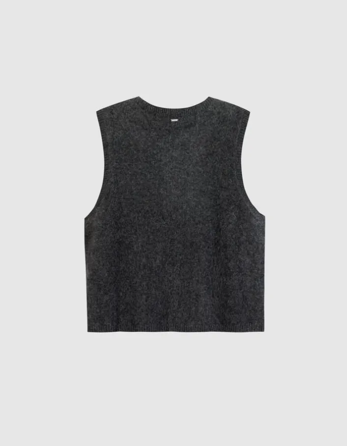Cardigan sans manches gris anthracite 100% laine boutonné Femme
