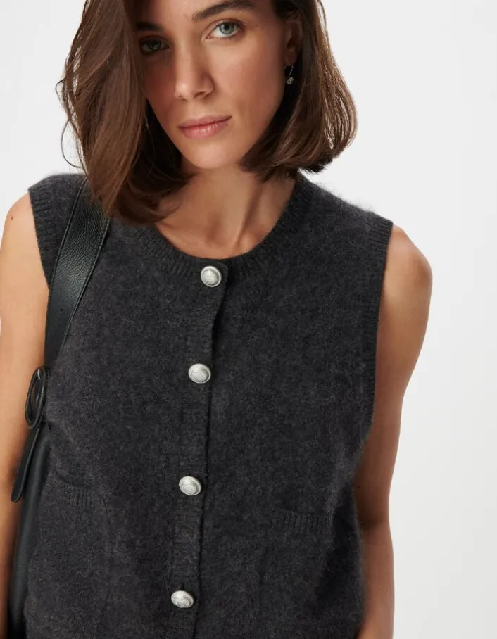 Cardigan sans manches gris anthracite 100% laine boutonné Femme
