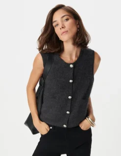 Cardigan sans manches gris anthracite 100% laine boutonné Femme