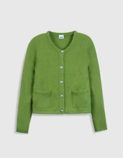 Cardigan vert tricot mousseux 100% laine Femme