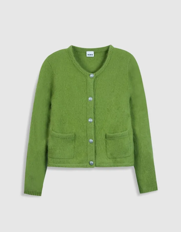 Cardigan vert tricot mousseux 100% laine Femme