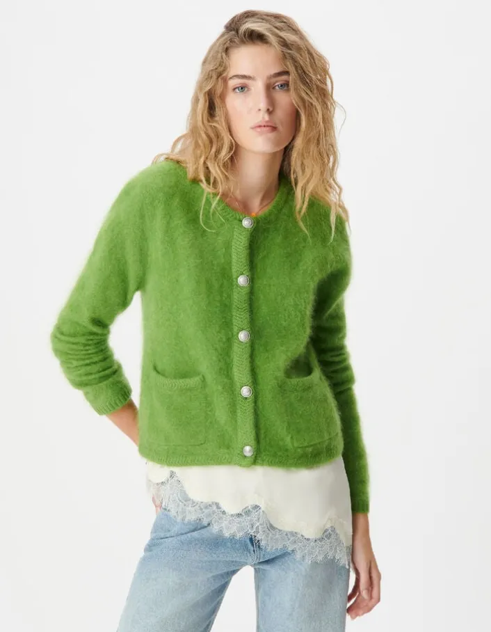 Cardigan vert tricot mousseux 100% laine Femme