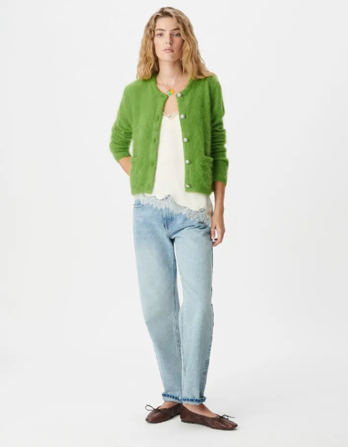 Cardigan vert tricot mousseux 100% laine Femme