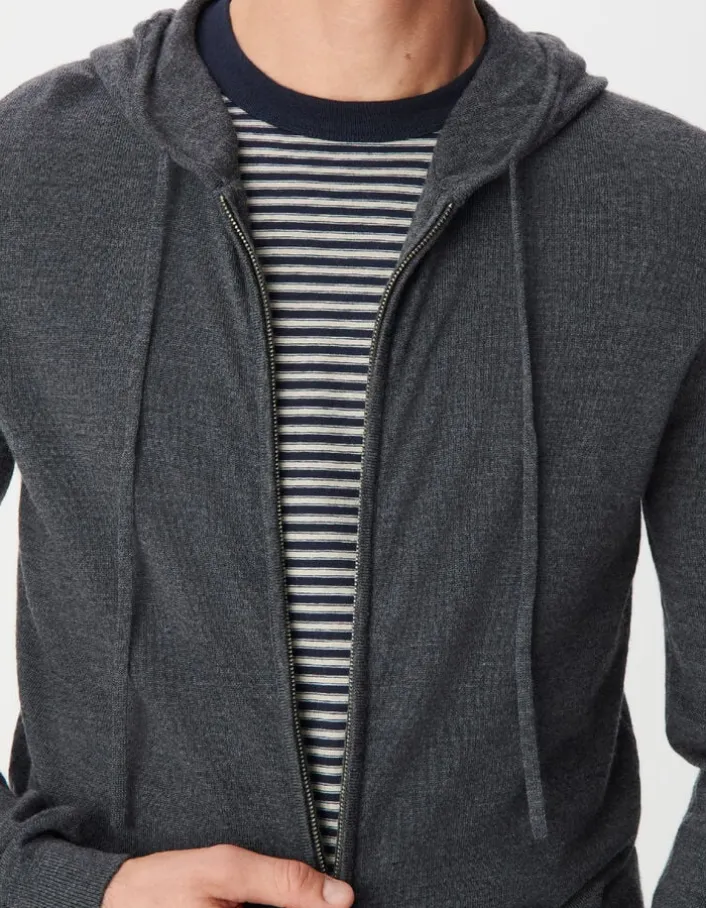 Cardigan zippé à capuche gris tricot 100% laine Homme