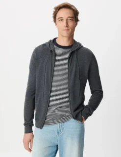 Cardigan zippé à capuche gris tricot 100% laine Homme