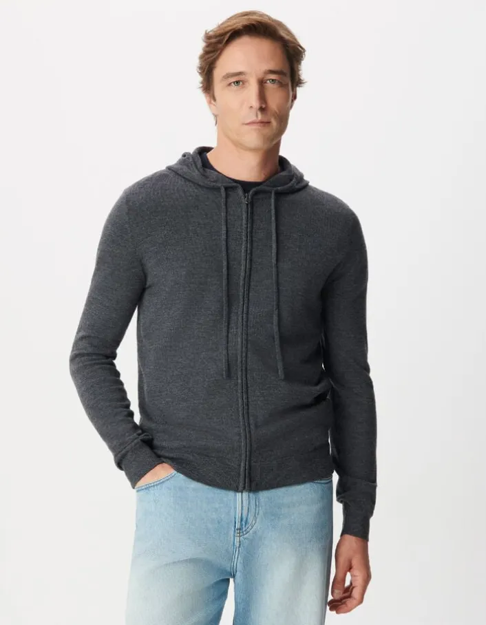 Cardigan zippé à capuche gris tricot 100% laine Homme