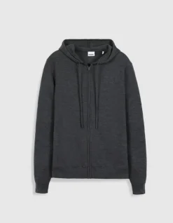 Cardigan zippé à capuche gris tricot 100% laine Homme