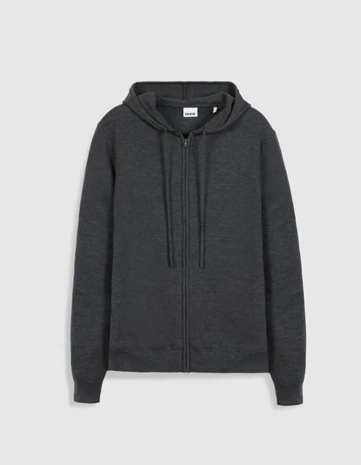 Cardigan zippé à capuche gris tricot 100% laine Homme