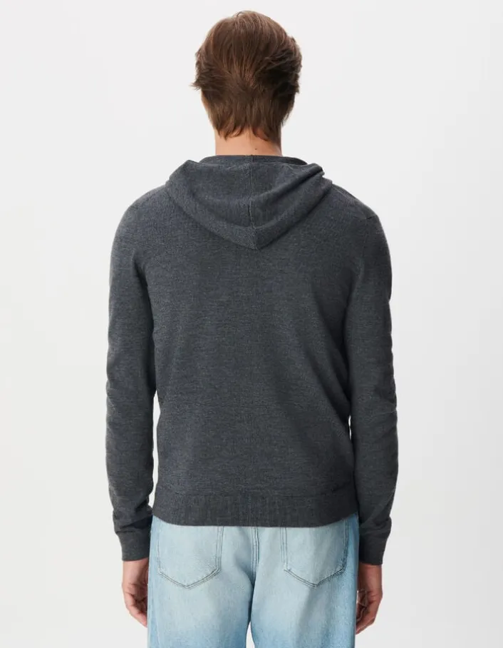 Cardigan zippé à capuche gris tricot 100% laine Homme
