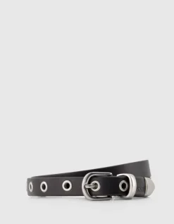 Ceinture fine noire cuir décor anneaux Femme