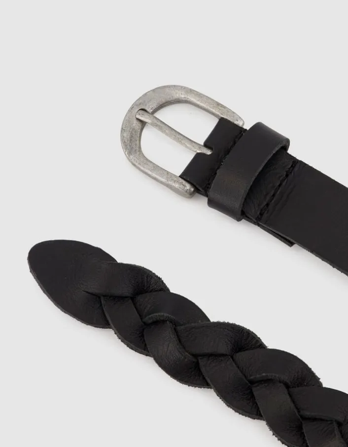 Ceinture fine noire cuir tressé Femme