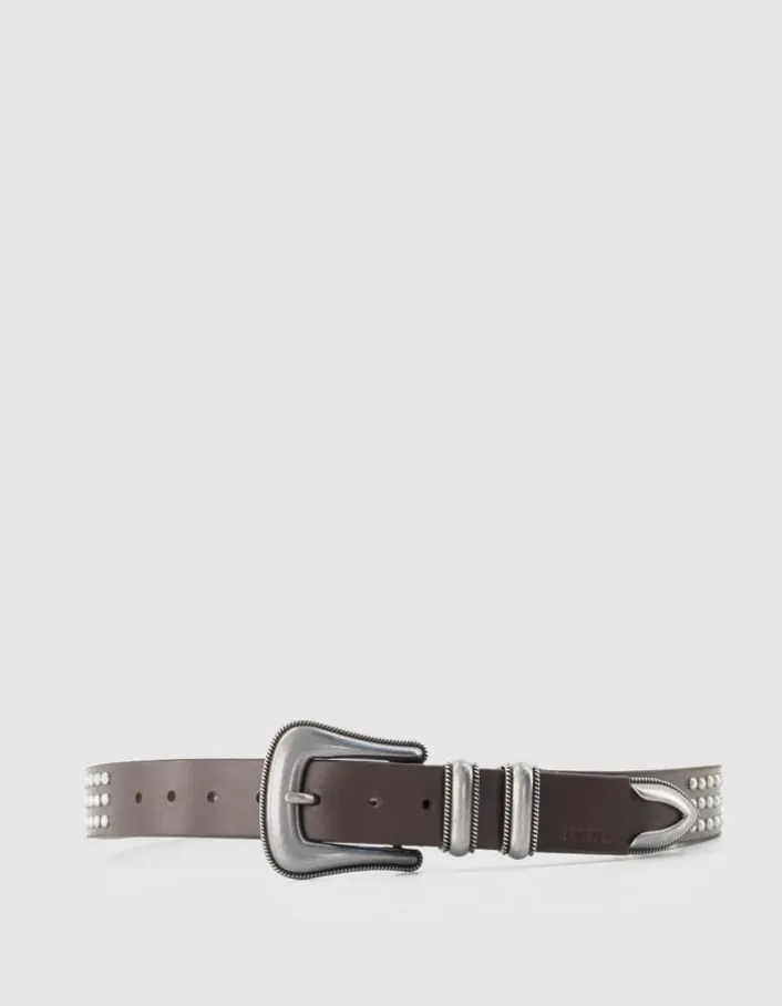 Ceinture marron cuir décor clous boucle western Femme