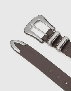 Ceinture marron cuir décor clous boucle western Femme