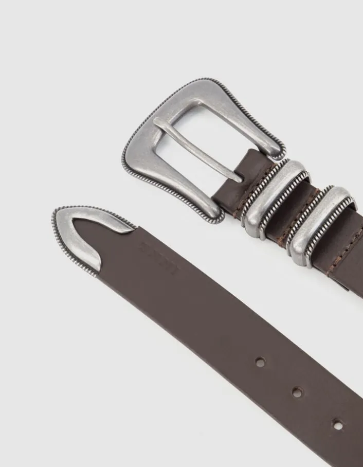 Ceinture marron cuir décor clous boucle western Femme