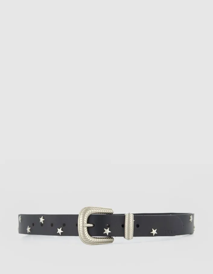 Ceinture noire cuir rivets étoiles Femme