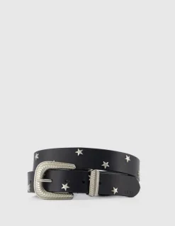 Ceinture noire cuir rivets étoiles Femme