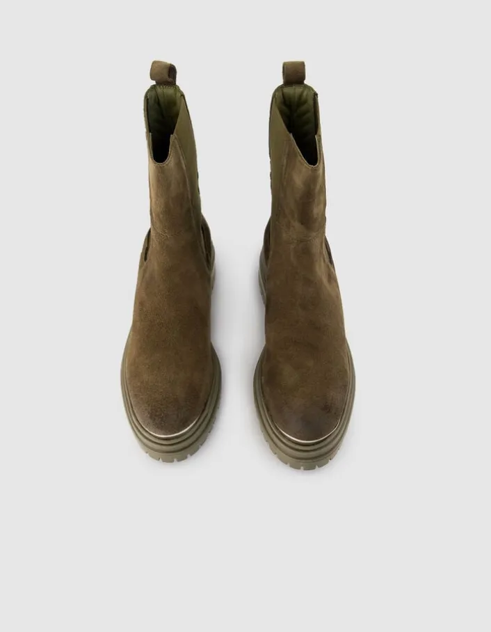 Chelsea boots kaki cuir velours baguette métal Femme
