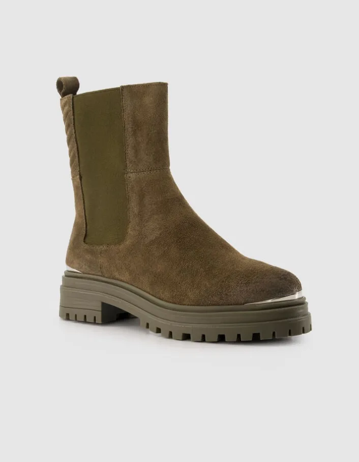 Chelsea boots kaki cuir velours baguette métal Femme