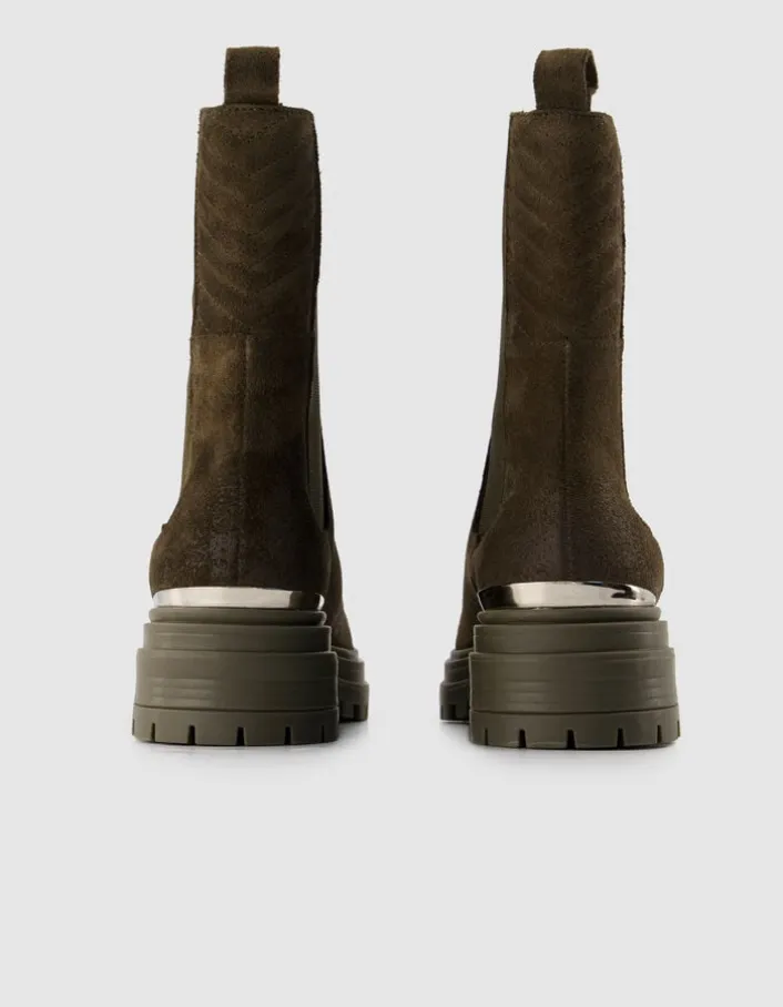 Chelsea boots kaki cuir velours baguette métal Femme