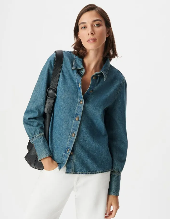 Chemise en jean bleu boutons métal gravé Femme