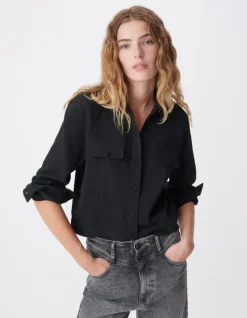 Chemise fluide noire poches poitrine Femme