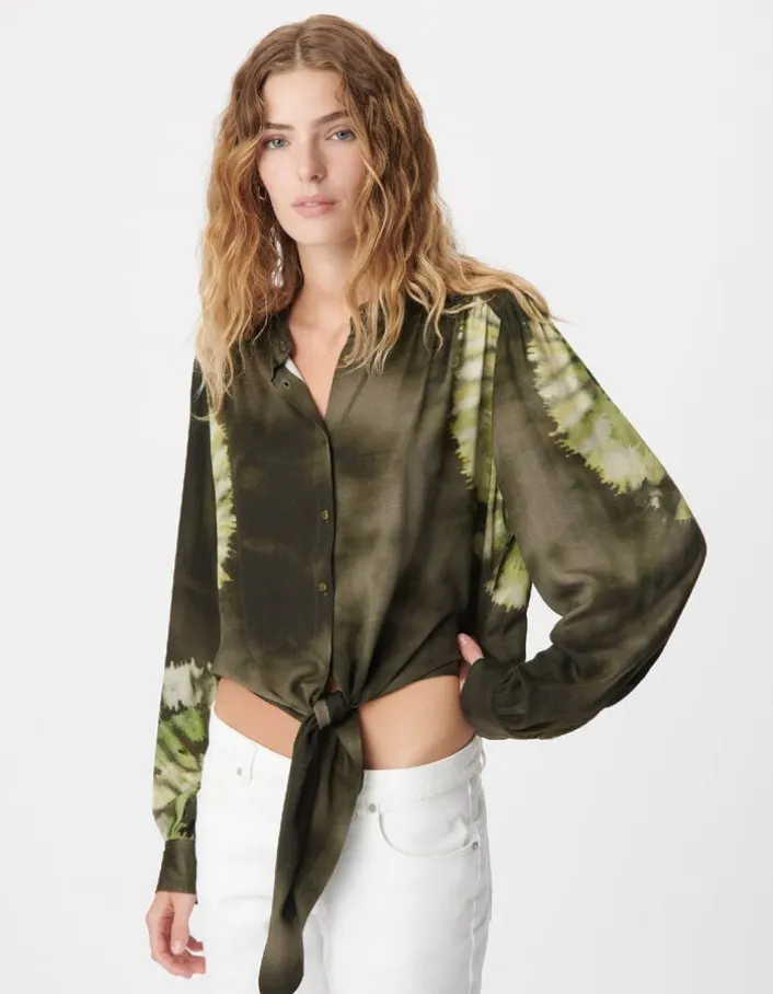 Chemise kaki imprimé tie and dye à nouer devant Femme
