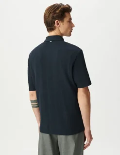 Chemise manches courtes marine maille rayures relief Homme