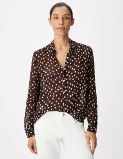 Chemise marron fluide voile imprimé pois Femme