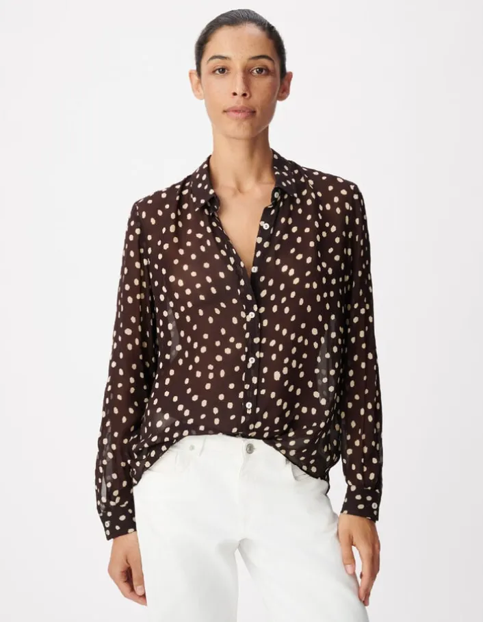 Chemise marron fluide voile imprimé pois Femme