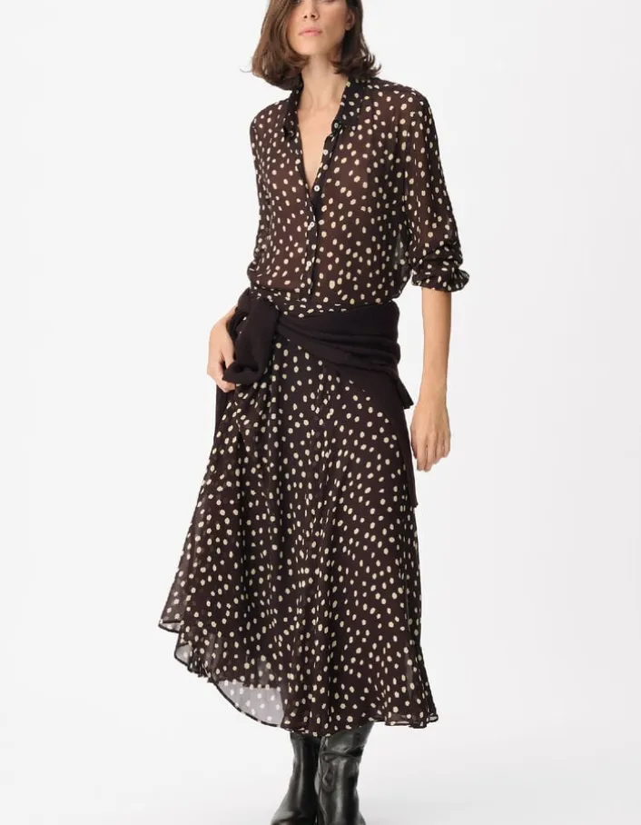 Chemise marron fluide voile imprimé pois Femme