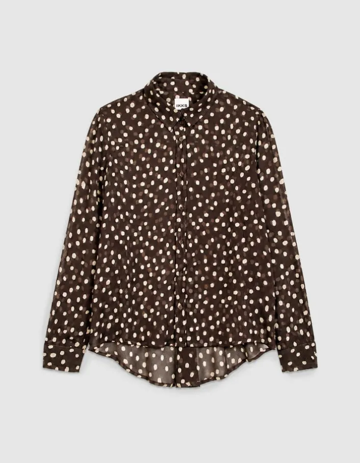 Chemise marron fluide voile imprimé pois Femme