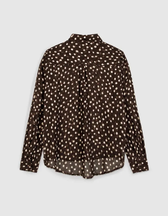 Chemise marron fluide voile imprimé pois Femme