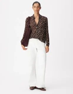 Chemise marron fluide voile imprimé pois Femme