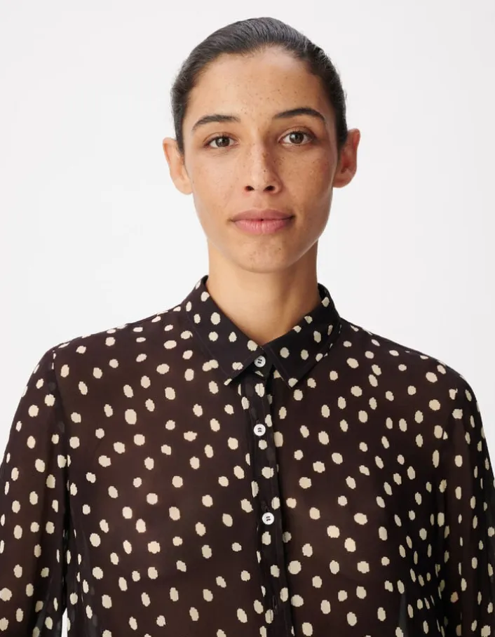 Chemise marron fluide voile imprimé pois Femme