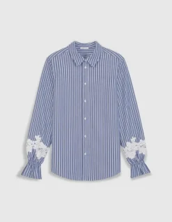 Chemise rayures bleue détails broderies fleurs Femme