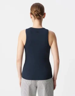 Débardeur marine maille côtelée chevrons brodés dos Femme