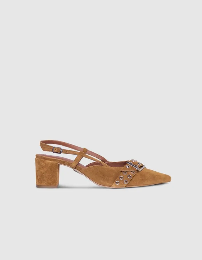 Escarpins slingback camel cuir velours Femme