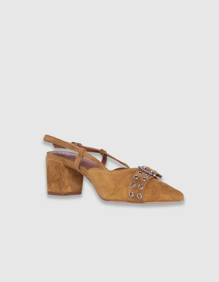 Escarpins slingback camel cuir velours Femme