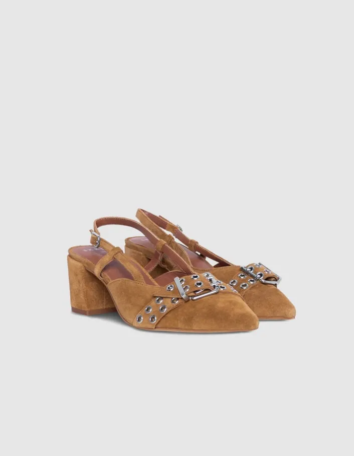 Escarpins slingback camel cuir velours Femme
