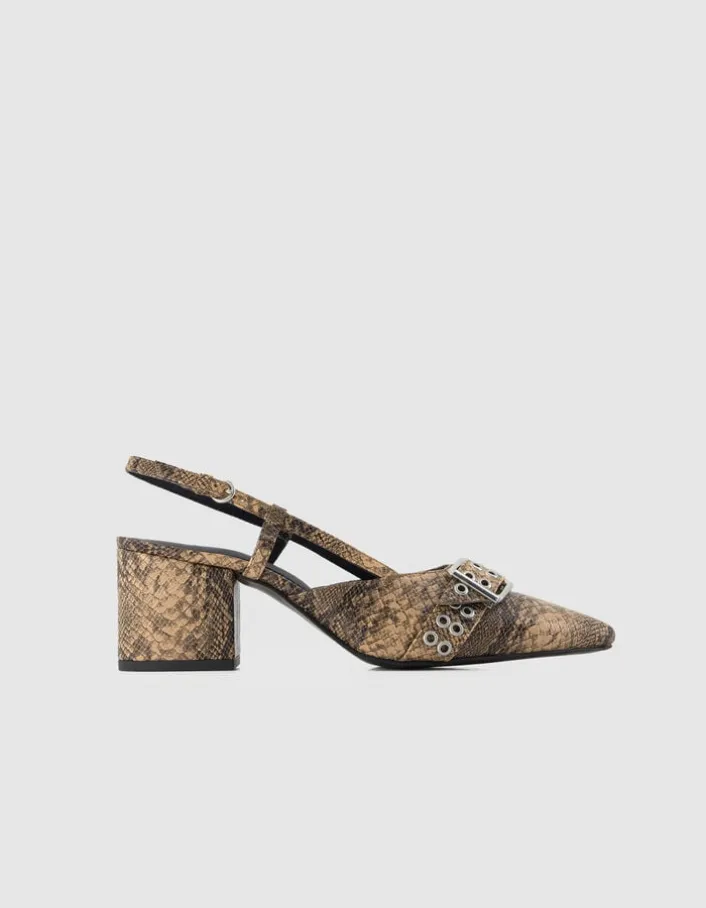 Escarpins slingback marron cuir effet python Femme