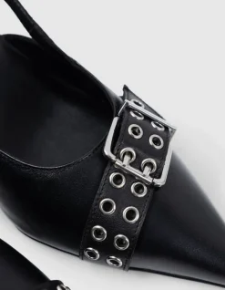 Escarpins slingback noirs cuir boucle oeillets Femme