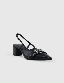 Escarpins slingback noirs cuir boucle oeillets Femme
